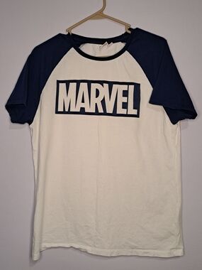 Marvel Shirt Old School Gym Shirt Size Youth Large White w/ Blue Shortsleeves